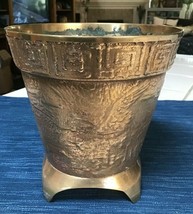 Vintage Brass Footed Planter Pot Embossed Round Jardiniere Gold Eagle 7&quot;... - £53.22 GBP