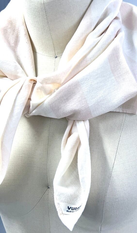 Vuokko Designer Cotton Scarf Pale Pink Ivory Stripe Vintage 1970s 30&quot; - $39.20