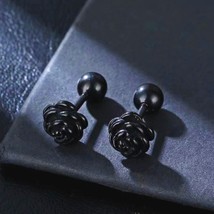 Black Rose Screw Back Ear Stud Earrings Punk Retro Rock Jewelry Stainless Steel - £7.90 GBP