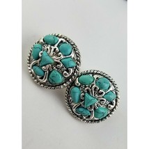 Earrings Antiqued Silver Tone Blue Turquoise Stud 1&quot; Disc Filigree Design - £6.32 GBP