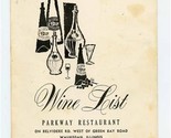 Parkway Restaurant Wine List Belvidere Road Waukegan Illinois 1970&#39;s - £14.24 GBP