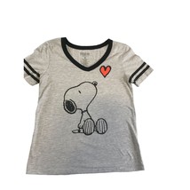 Peanuts Womens Size Medium Short Sleeve Snoopy heart Vneck Jersey Tshirt Tee Gra - £11.66 GBP