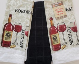 Kitchen Towels, Set of 3, Red Wine Bottle Merlot Bordeaux Design Black image 2