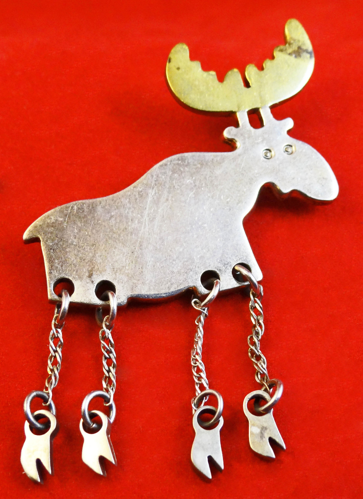 Primary image for Vintage Mexican Sterling Silver Christmas Dangle Feet Moose Brooch