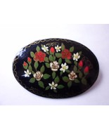 Vintage  Hand Painted Black Russian Lacquer Flowers Signed Oval Brooch Pin - £8.55 GBP