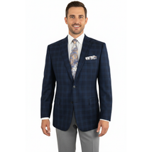 Men's Soft Wool Cashmere Sport Coat English Plaid Window Pane 556-11 Navy Renoir image 2