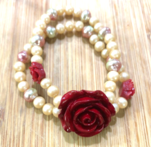 Red Rose Pink Cultured Pearls Bead 2 Strand Layered Handmade Bracelet Stretch - £31.46 GBP