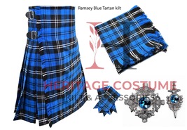 Highland Traditional Ramsey Blue Tartan 8 yard Kilts For Men&#39;s Custom Size Kilt - £69.99 GBP+