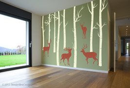 Woodland Scene with Birch Trees and Deer Removable Vinyl Wall Art, woodland wall - $95.95