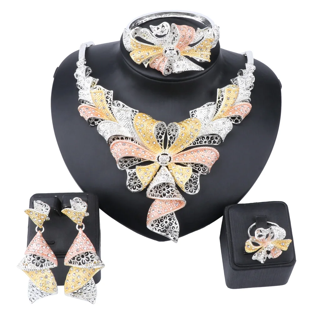 Women African Jewelry Sets Silver Color Crystal Bridal Wedding Elegant Romantic  - £30.78 GBP