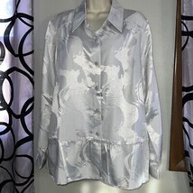 George Simonton shimmer, silver and gray button-down shirt with ruffle h... - $13.72