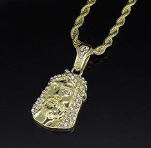 Iced CZ Jesus Piece 1&quot; Pendant 14k Gold Plated 24&quot; Rope Necklace Hip Hop - £7.58 GBP