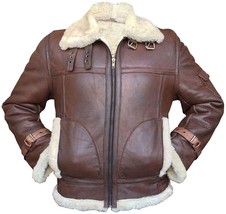 Men&#39;s Shearling Real Sheepskin B3 Men&#39;s Raf Flight Bomber Vintage Brown Leather - £159.93 GBP