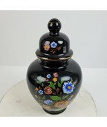 Vintage 1970s Italy Ginger Jar ARDALT 11 Inch Tall Black Glass w/ Flowers - $31.79