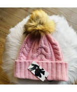 Halogen Cashmere Cable Knit Beanie with Faux Fur Pom, Pink/Brown, NWT - $67.01 CAD