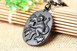 natural Obsidian stone Hand carved monkey good luck charm pendant necklace - $23.76