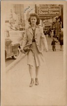 RPPC Candid Photo Woman Busy Downtown Street 1940s WWII Msg Postcard F22 - £11.95 GBP