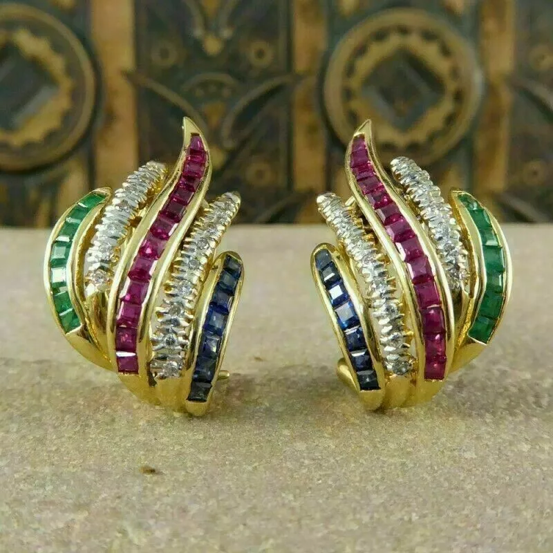 Lab Created Sapphire Ruby Emerald &amp; CZ Hoop Earrings 14K Yellow Gold Plated - £83.34 GBP