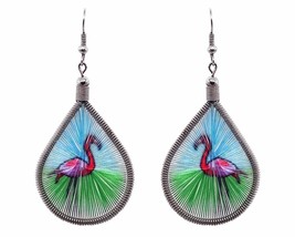Flamingo Animal Graphic Silk Thread Teardrop Dangle Earrings - Womens Fashion Ha - £11.86 GBP