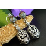 Turtle Tortoise Earrings Filigree Silver Dangles Pierced Glass Beads - £15.91 GBP