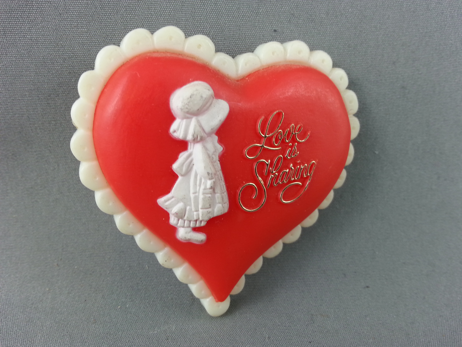 1980s Fashion Pin - Love is Sharing Heart Shped - Plastic Pin  - $15.00