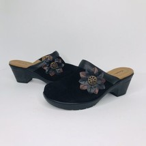 Thom McAn Slip On Clogs Black W/ Flower Accent  #40803 Leather Upper Wom... - $24.70