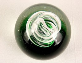 Vintage Glass Ball Paperweight, 3 1/2&quot;, Emerald Green, Spiraled Tubes, Bubbles - £23.08 GBP
