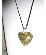 Green &amp; Gold Glitter Blown Glass Dichroic Heart Pendant On Black Satin Cord - £6.38 GBP