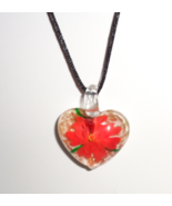 Red Blossoming Flower Heart Blown Glass Pendant On Black Satin Cord - $7.99