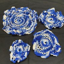 Lot of 4 Crochet Doilies Handmade Blue White 3.5 - 7 inches Doily Bedroom - £15.20 GBP