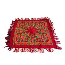 Floral Boho Large Square Scarf Red Flowers 40&quot; With Fringe Hijab Wrap Head Cover - £22.40 GBP
