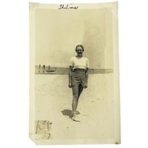 Vtg 1930&#39;s Photo Pretty Girl Posing on Beach Swim Cap Ocean Sand 3 3/4&quot; x 5 3/4&quot; - £11.13 GBP