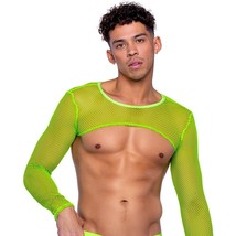 Fishnet Crop Top Long Sleeves Sheer Stretch Shrug Lime Green Dance Rave 6539 - £23.92 GBP