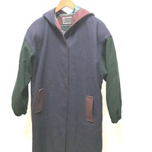 Vintage Long Coat Size 16 Hooded Blue Color Block Wool Blend Made in USA - £112.25 GBP