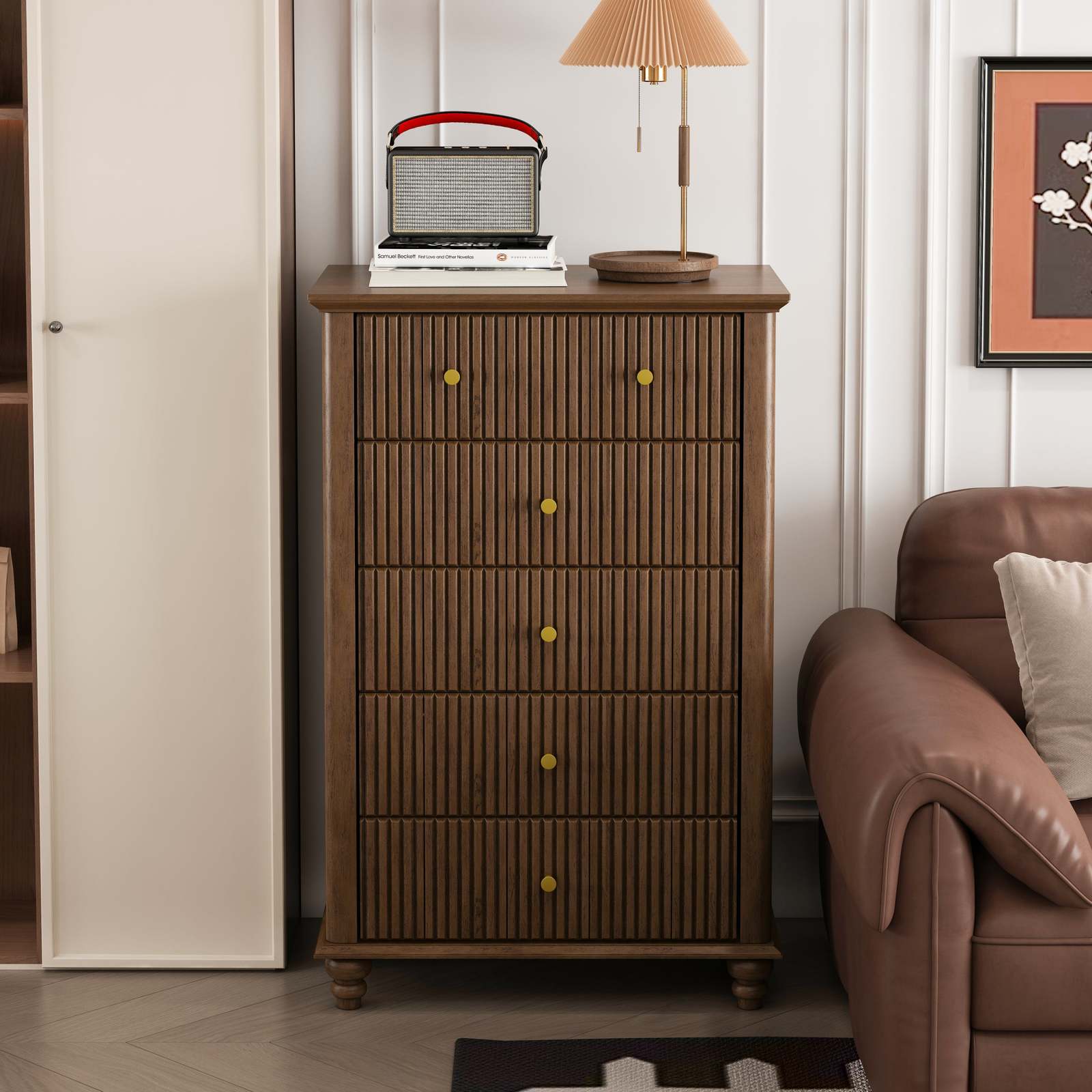 Modern Walnut Fluted 5-Drawer Dresser - 45" Tall Bedroom Chest Item image 2