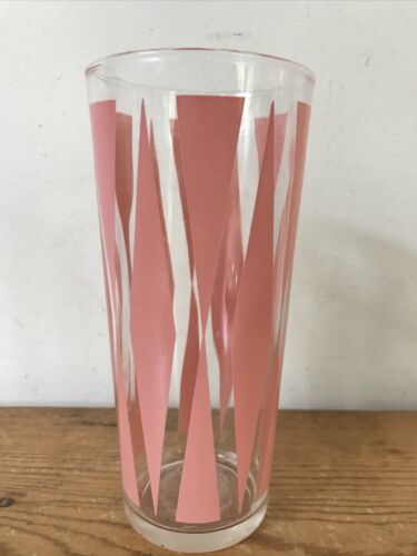 Vtg Mid Century Modern Pink Geometric Patterned Clear Glass Juice Tumble... - $29.69