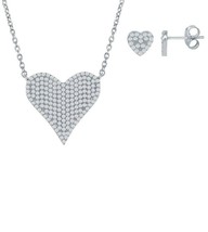 Sterling Silver Micro Pave CZ Heart Shape Necklace and Earrings Set - £66.22 GBP