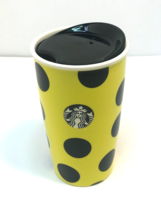 STARBUCKS COFFEE MUG CUP WITH LID 2015 YELLOW WITH BLACK POLKA DOTS 12 oz - £11.66 GBP