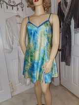 Delicates Sz L Aqua Blue Shiny Satin A-Line Chemise Nightgown Mini Length - £10.95 GBP