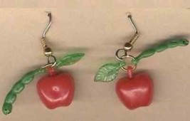 Funky Apple W Worm Earrings Vintage Mini Fruit Orchard Teacher Costume Jewelry - £4.69 GBP