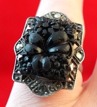 Art Deco Sterling Silver Marcasite Carved Jet Ring, Sz 6 - £75.93 GBP