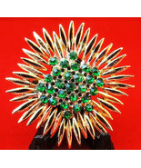  Vintage 1950&#39;s Emerald Crystal &amp; Gold-tone Sunflower Brooch - £24.93 GBP