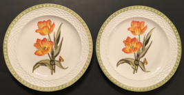 RAYMOND WAITES Set of 2 Hampton Garden White Orange Flower Dinner Plates 10.5&quot; - £16.74 GBP