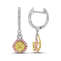 14k White Gold Womens Round Canary Yellow Pink Diamond Dangle Earrings 1.00 Cttw - £1,357.30 GBP