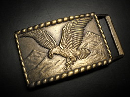 Eagle in Flight Over a Mountain Scene Belt Buckle Rectangle Brass Colored Metal - £11.93 GBP