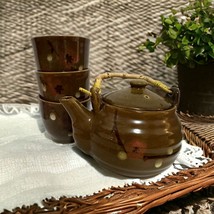 Traditional Japanese Teapot &amp; Cups Bamboo Handle W/strainer Floral - £17.51 GBP
