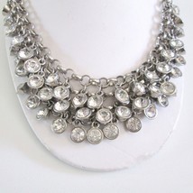 Chain Link Rhinestone Fringe Necklace Silvertone Bling Crystals - £23.69 GBP
