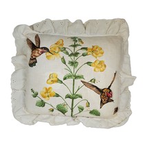 Vintage 3D Hummingbird Throw Pillow Lace Edge Yellow Flowers Freesia 11&quot; Decor - £14.60 GBP