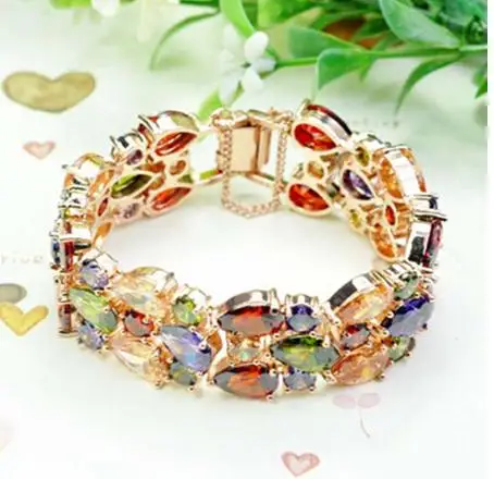 Rose Gold Color Triplex Row Mona Lisa Multicolor Cubic Zircon Bracelets Bangles  - $34.42