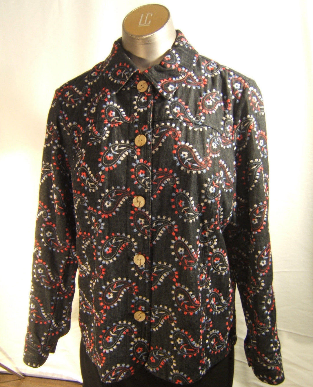 Coldwater Creek Black Denim  Jacket Paisley Embroidered  Front Button  size PM - $15.55